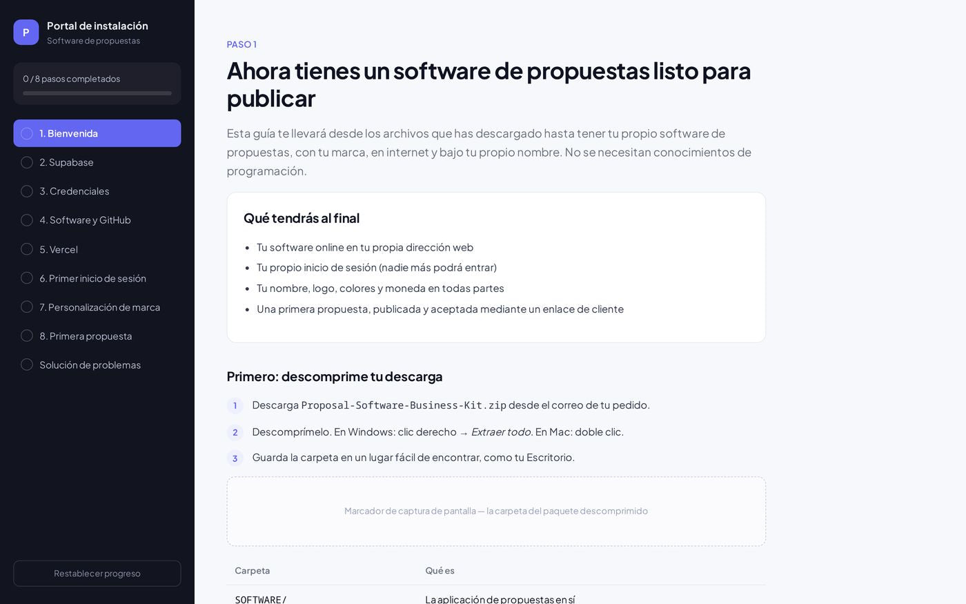 Bienvenida del portal de instalación